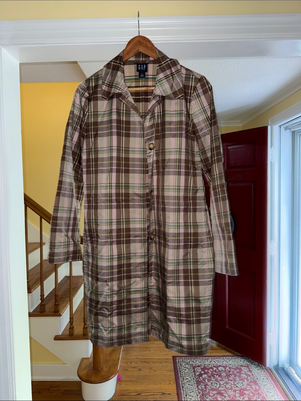 GAP Plaid Button-Front Coat in Pink and Brown